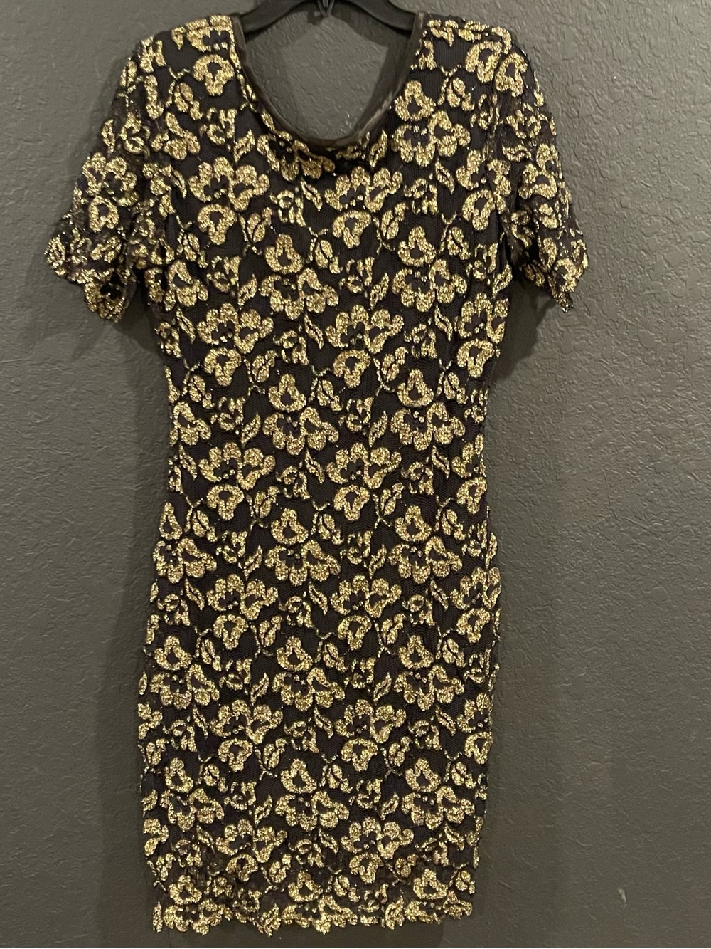 Nina Piccalino Black Mini Dress with Gold Sequin Floral Pattern